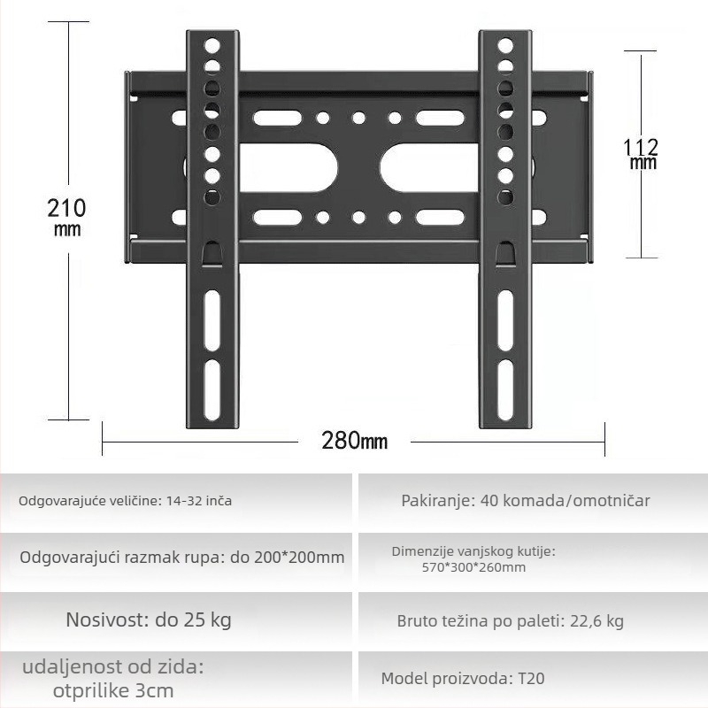 Zidni nosač TV, model 02t, od željeza, mehaničko upravljanje, nosivost >15 kg