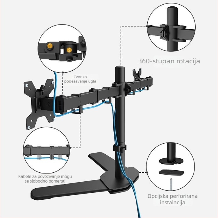 Stalak za LCD zaslon s dva ramena, stolni, uspravni, rotirajući i teleskopski podesiv, ergonomski, model M042, materijal: željezo i plastika