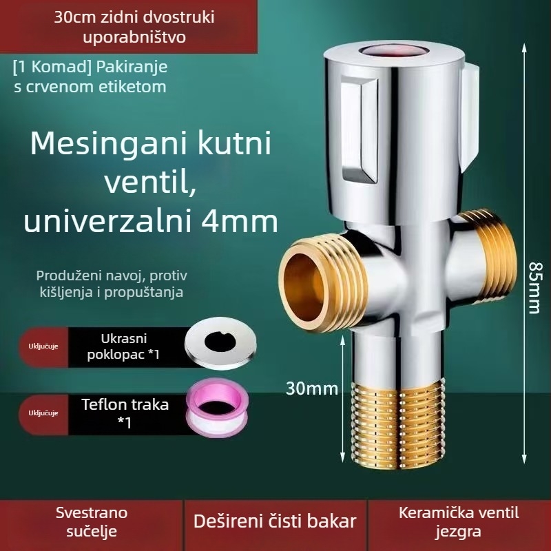 Bakreni kutni ventil, zidni, troputni s dvostrukim izlazom, unutarnji promjer 4 točke, radni tlak do 15 kg