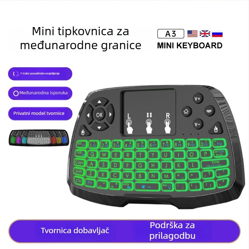 Mini bežična tipkovnica s zračnim mišem, USB sučelje, doseg 10 m, 1000 dpi, punjiva baterija, pozadinsko osvjetljenje