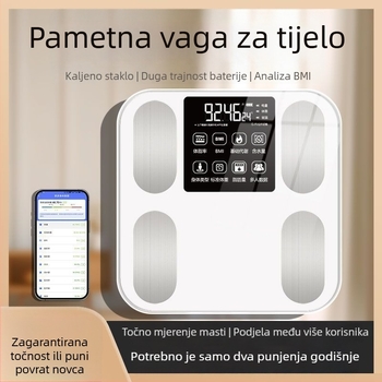Visoko precizna vaga za masnoću tijela — mjeri masnoću i hidrataciju tijela, panel od kaljenog stakla, radi na baterije