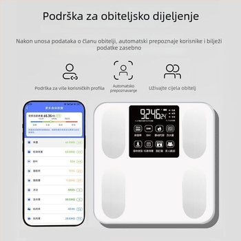 Visoko precizna vaga za masnoću tijela — mjeri masnoću i hidrataciju tijela, panel od kaljenog stakla, radi na baterije
