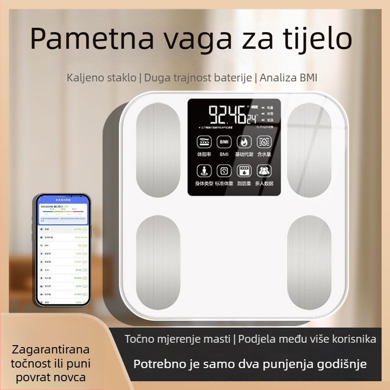 Visoko precizna vaga za masnoću tijela — mjeri masnoću i hidrataciju tijela, panel od kaljenog stakla, radi na baterije