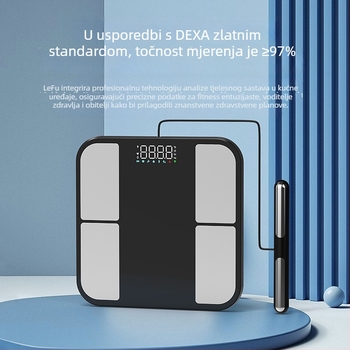Bluetooth vaga za mjerenje tjelesnog sastava za kućnu upotrebu — mjeri težinu, tjelesnu masnoću, vlagu i kalorije, kapacitet 180 kg, punjiva