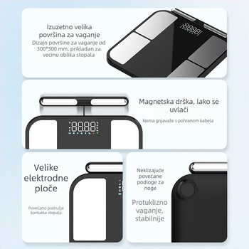 Bluetooth vaga za mjerenje tjelesnog sastava za kućnu upotrebu — mjeri težinu, tjelesnu masnoću, vlagu i kalorije, kapacitet 180 kg, punjiva