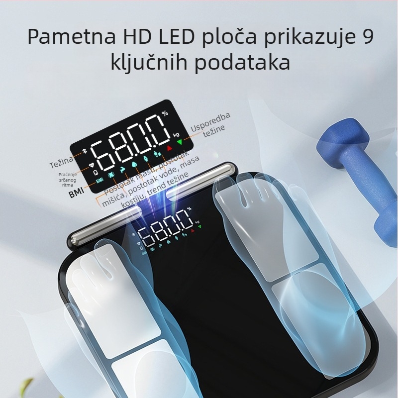 Bluetooth vaga za mjerenje tjelesnog sastava za kućnu upotrebu — mjeri težinu, tjelesnu masnoću, vlagu i kalorije, kapacitet 180 kg, punjiva