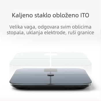 Inteligentna vaga za tjelesnu masnuću s naprednom ITO vodljivom membranom; mjeri tjelesnu masnoću i vodu u tijelu, G-senzor, Bluetooth do 10 m, raspon mjerenja 0,2–150 kg, LED zaslon, kompatibilno s Androidom i iOS-om