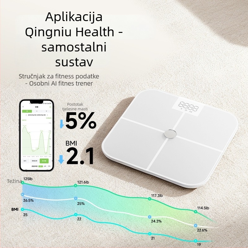 Inteligentna vaga za tjelesnu masnuću s naprednom ITO vodljivom membranom; mjeri tjelesnu masnoću i vodu u tijelu, G-senzor, Bluetooth do 10 m, raspon mjerenja 0,2–150 kg, LED zaslon, kompatibilno s Androidom i iOS-om