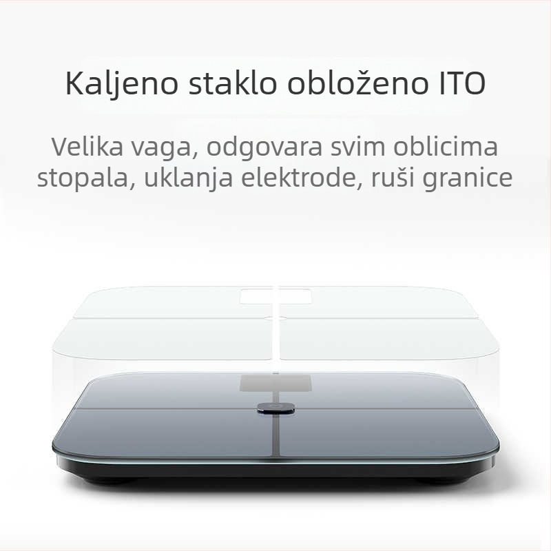 Inteligentna vaga za tjelesnu masnuću s naprednom ITO vodljivom membranom; mjeri tjelesnu masnoću i vodu u tijelu, G-senzor, Bluetooth do 10 m, raspon mjerenja 0,2–150 kg, LED zaslon, kompatibilno s Androidom i iOS-om