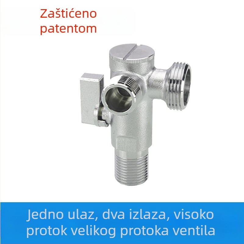 Bakreni kutni ventil velikog protoka za pametni WC, navoj, 1 ulaz, 2 izlaza, radni tlak 1,6 MPa