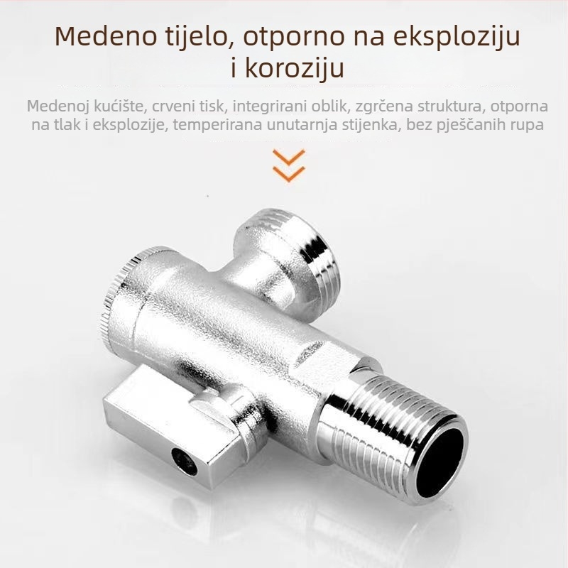 Bakreni kutni ventil velikog protoka za pametni WC, navoj, 1 ulaz, 2 izlaza, radni tlak 1,6 MPa