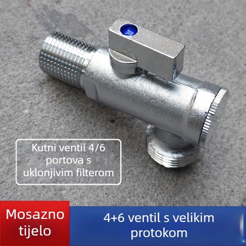 Bakreni kutni ventil velikog protoka za pametni WC, navoj, 1 ulaz, 2 izlaza, radni tlak 1,6 MPa