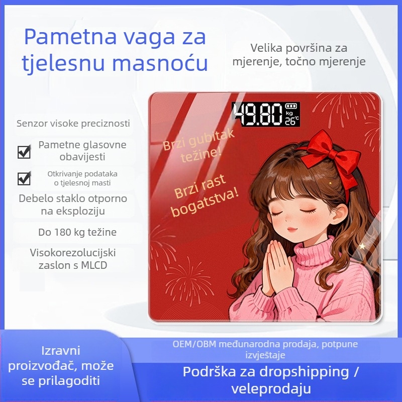 Vaga za tjelesnu masnoću - mjeri tjelesnu težinu, masnoću, kalorije i sadržaj vode (USB punjenje; max 360 jin)