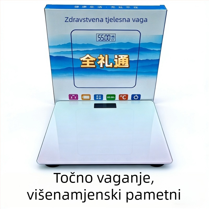 Vaga za tjelesnu težinu sa staklenom pločom, kapacitet 180 kg, zaslon od 2 inča, upravljanje dodirom i gumbom, bežični domet do 5 m