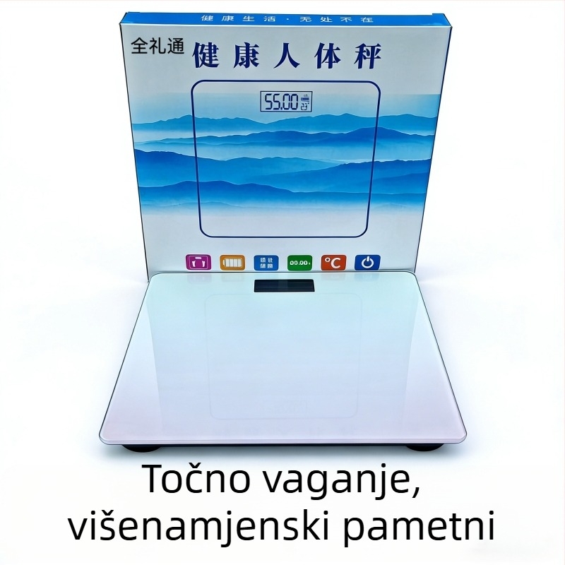 Vaga za tjelesnu težinu sa staklenom pločom, kapacitet 180 kg, zaslon od 2 inča, upravljanje dodirom i gumbom, bežični domet do 5 m