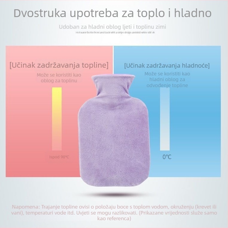 Torba za toplu vodu napunjena vodom, s platnenim pokrovom i plastičnom vrećicom, dostupna u veličinama velikoj, srednjoj, maloj i mini.
