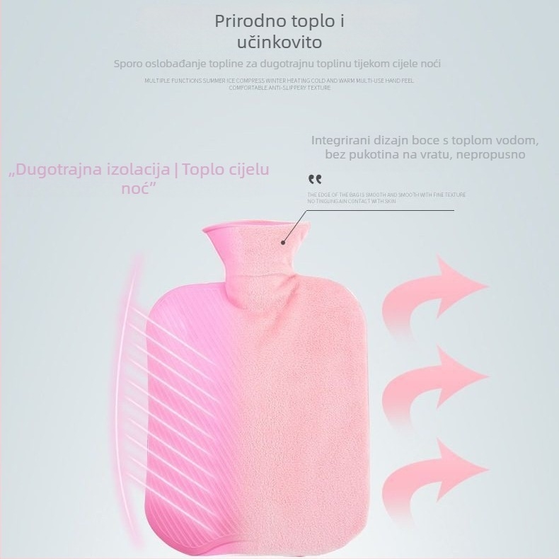 Torba za toplu vodu napunjena vodom, s platnenim pokrovom i plastičnom vrećicom, dostupna u veličinama velikoj, srednjoj, maloj i mini.