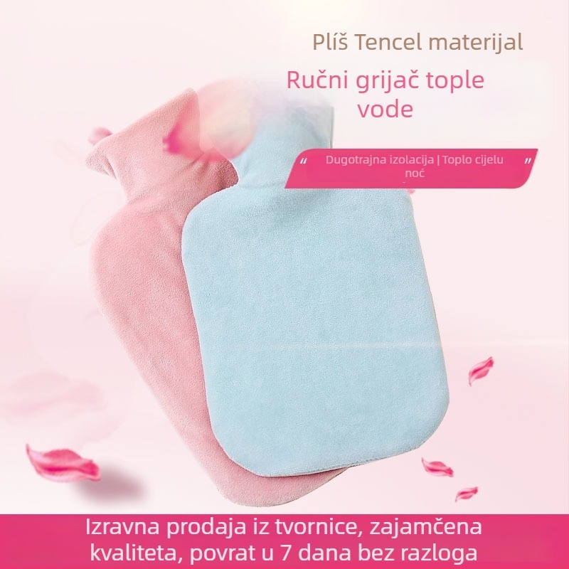 Torba za toplu vodu napunjena vodom, s platnenim pokrovom i plastičnom vrećicom, dostupna u veličinama velikoj, srednjoj, maloj i mini.