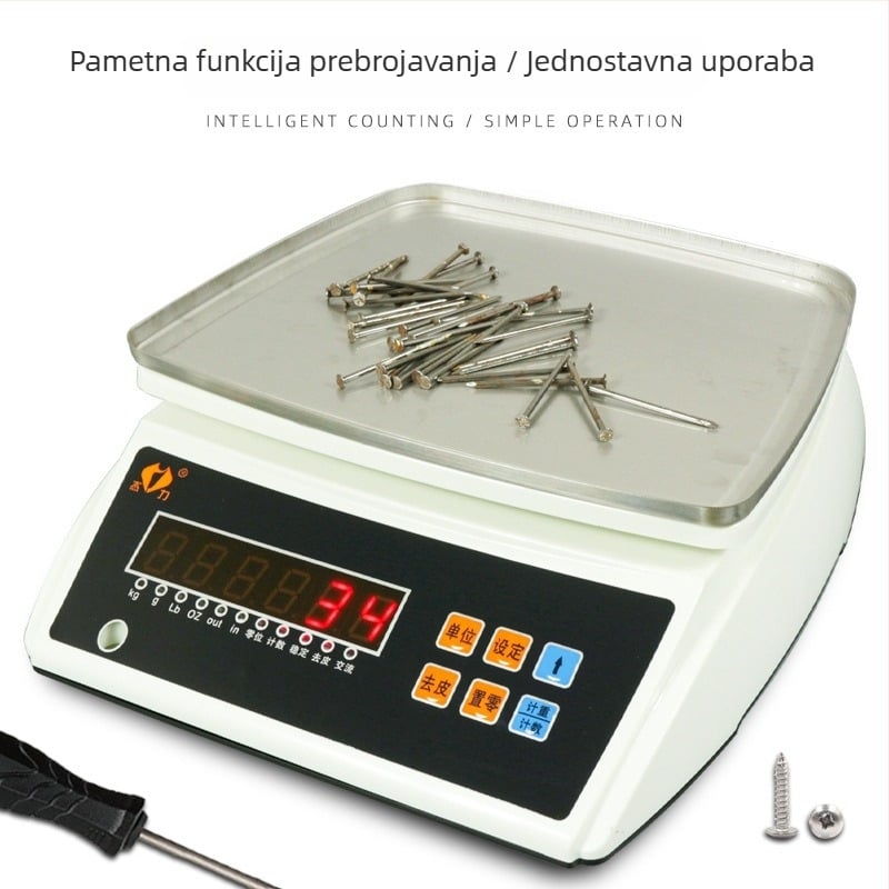 Elektronička vaga za vaganje i brojanje, model 810; raspon mjerenja 3 kg, 6 kg, 15 kg, 30 kg; dimenzije 28×34×12 cm; elektroničko mjerenje; punjiva baterija; višestruka namjena