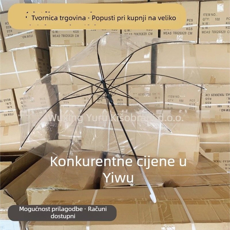 Prozirni kišobran s dugom drškom, željezni okvir s 8 rebara, plastična drška, poluautomatsko otvaranje, mogućnost tiskanja logotipa