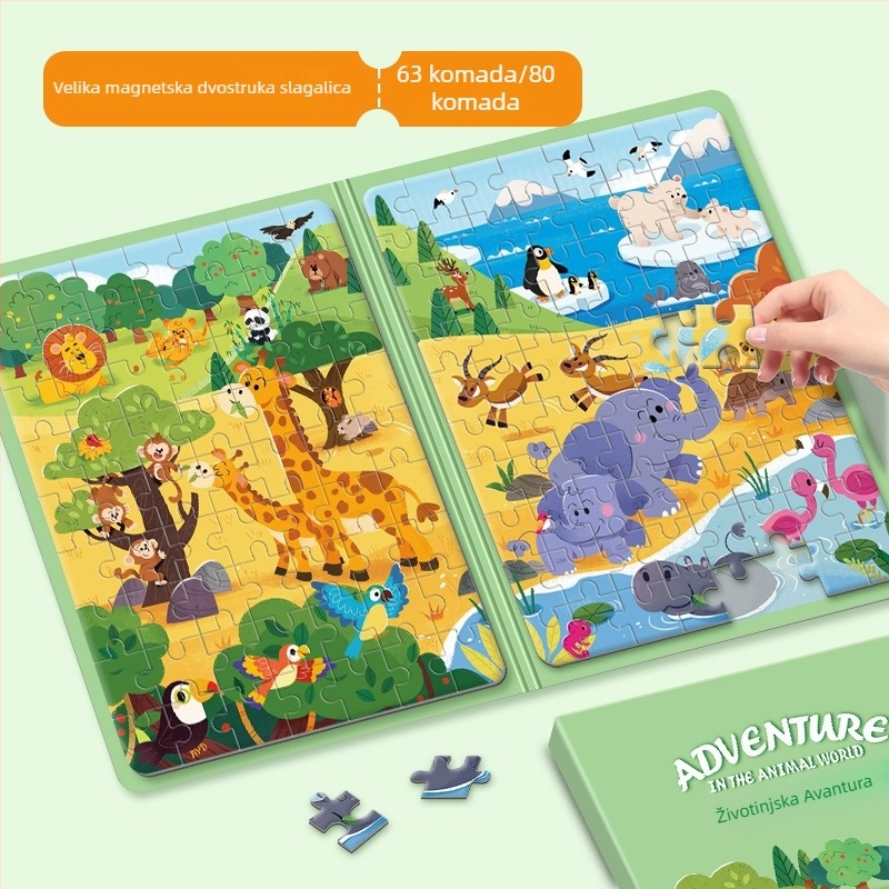Magnetska slagalica ploča s pregibom spremnika – teme životinje, prijevoz i dinosauri; svestrana, DIY, za djecu 4–6 godina
