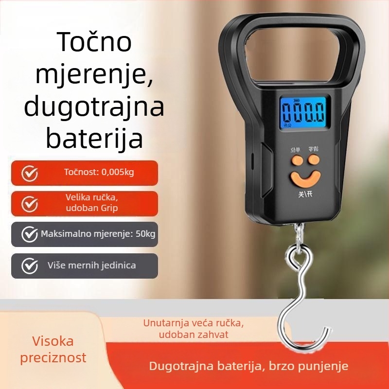 Ručna prijenosna elektronička vaga s oprugom i kukom, USB napajanje, mjerenje tjelesne težine, kapacitet 50 kg