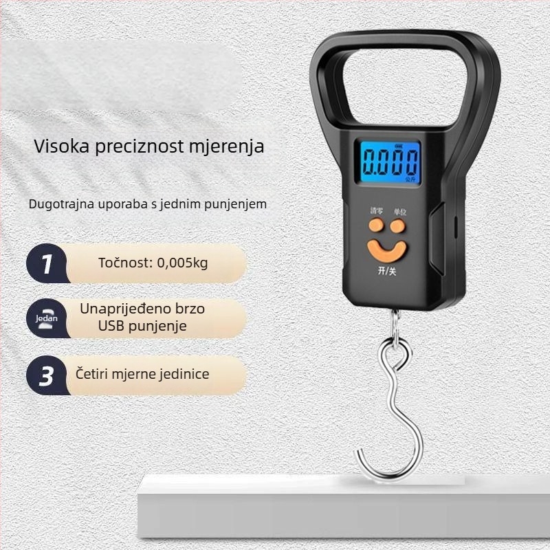 Ručna prijenosna elektronička vaga s oprugom i kukom, USB napajanje, mjerenje tjelesne težine, kapacitet 50 kg
