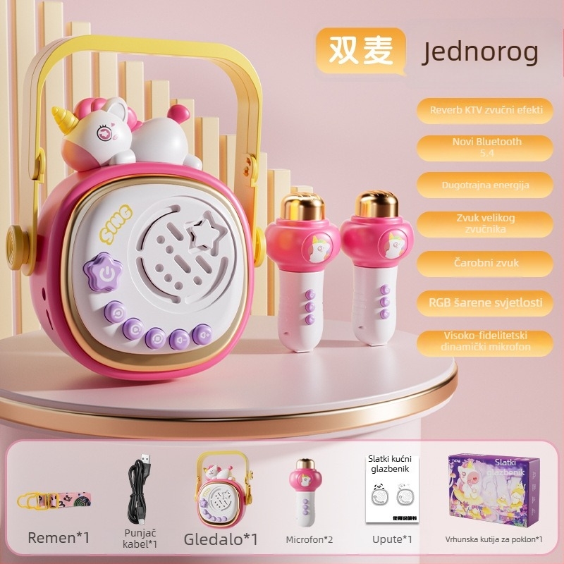 Dječji glazbeni mikrofon s jednorogom i pandom – sve-u-jednom audio uređaj (materijal: plastika; dob: 4–6 godina; unisex; kategorija: glazbeni mikrofon)