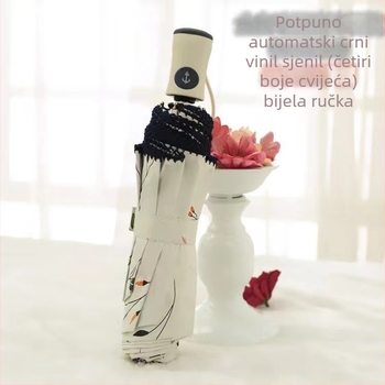 Potpuno automatski sklopivi sunčani kišobran s malim cvjetnim uzorom i čipkastim rubom, aluminijski okvir s 8 rebara, UPF 50+