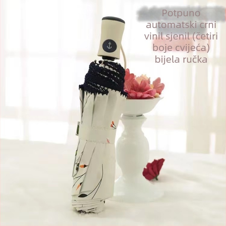 Potpuno automatski sklopivi sunčani kišobran s malim cvjetnim uzorom i čipkastim rubom, aluminijski okvir s 8 rebara, UPF 50+
