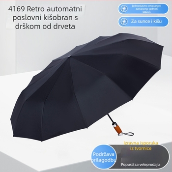 Sklopivi poslovni kišobran s automatskim otvaranjem, drška od masivnog drveta, rebra od legure, 12 rebara, polumjer kupole 50–55 cm
