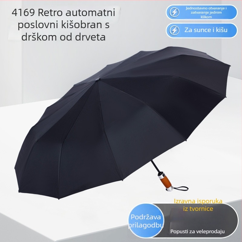 Sklopivi poslovni kišobran s automatskim otvaranjem, drška od masivnog drveta, rebra od legure, 12 rebara, polumjer kupole 50–55 cm