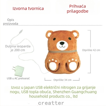 Creatter USB električne papuče za zagrijavanje stopala – Cartoon stil, gornji dio od velura, potplat od elastomera, obujmica pete
