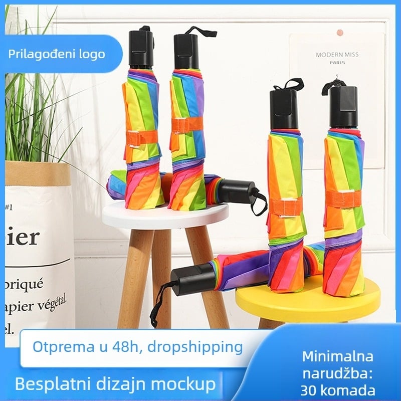 3-slojni preklopni kišobran s ravnim rubom, 8 čeličnih rebara, tkanina 170T otporna na udarce, čelični stabljika, plastična ručka, ručno otvaranje i zatvaranje, mogućnost prilagodbe, poslovni dar