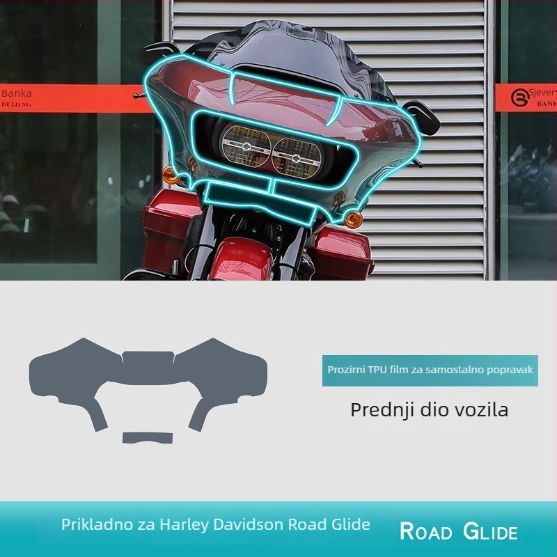 TPU zaštitna folija za Road Glide motocikl — materijal: TPU; funkcija: otpornost na visoke/niske temperature; lokacija: središnji upravljački sklop; kompatibilnost: univerzalna