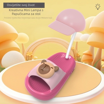 Karikaturalna mini papuča stolna lampica — USB napajanje, osnovno osvjetljenje, plastično sjenilo, gumbasti prekidač, stil crtani film