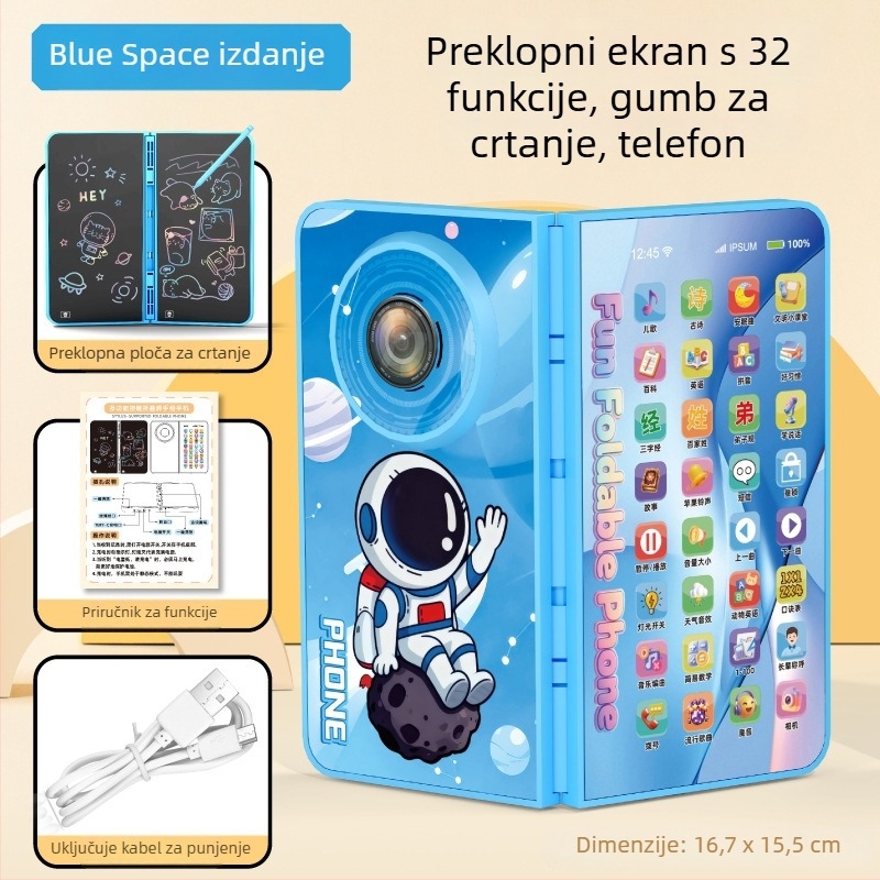 Skoplјeni dječji glazbeni telefon s dodirnim zaslonom i elektroničkom pločom za crtanje – edukativna igračka za bebe i malu djecu (0–3 godine). Značajke: punjiva baterija, funkcija glazbe/glas, dodirni zaslon, elektronička ploča za crtanje, plastična konst