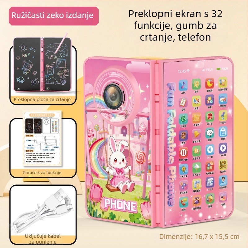 Skoplјeni dječji glazbeni telefon s dodirnim zaslonom i elektroničkom pločom za crtanje – edukativna igračka za bebe i malu djecu (0–3 godine). Značajke: punjiva baterija, funkcija glazbe/glas, dodirni zaslon, elektronička ploča za crtanje, plastična konst