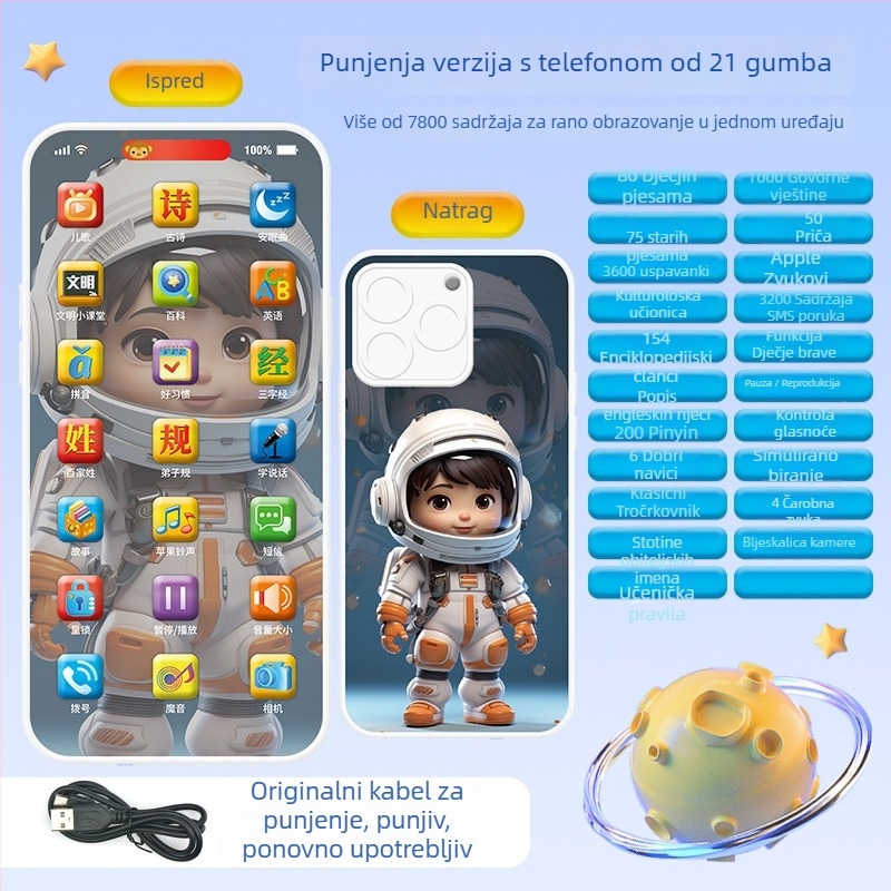 Skoplјeni dječji glazbeni telefon s dodirnim zaslonom i elektroničkom pločom za crtanje – edukativna igračka za bebe i malu djecu (0–3 godine). Značajke: punjiva baterija, funkcija glazbe/glas, dodirni zaslon, elektronička ploča za crtanje, plastična konst