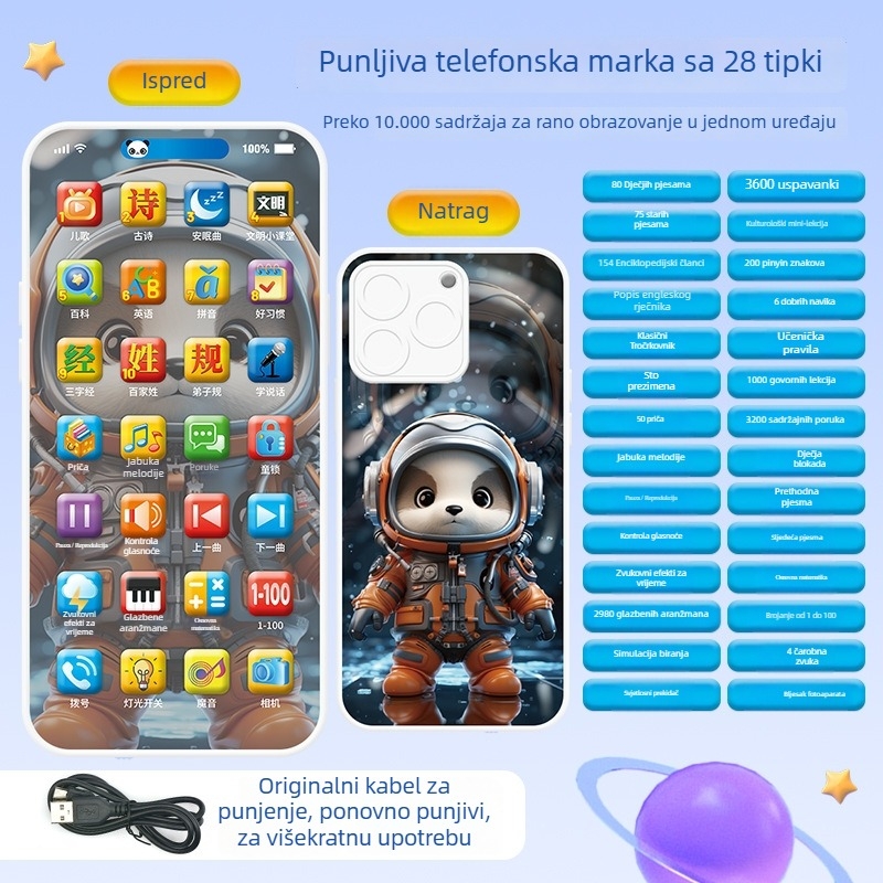 Skoplјeni dječji glazbeni telefon s dodirnim zaslonom i elektroničkom pločom za crtanje – edukativna igračka za bebe i malu djecu (0–3 godine). Značajke: punjiva baterija, funkcija glazbe/glas, dodirni zaslon, elektronička ploča za crtanje, plastična konst
