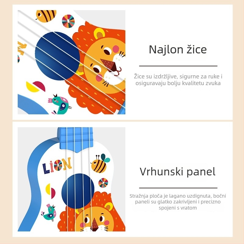 Dječji ukulele-igračka gitara – plastični glazbeni instrument, marka Huarui, kategorija: ukulele gitara, za djecu 4–6 godina, 3C certifikat 2019152202026856