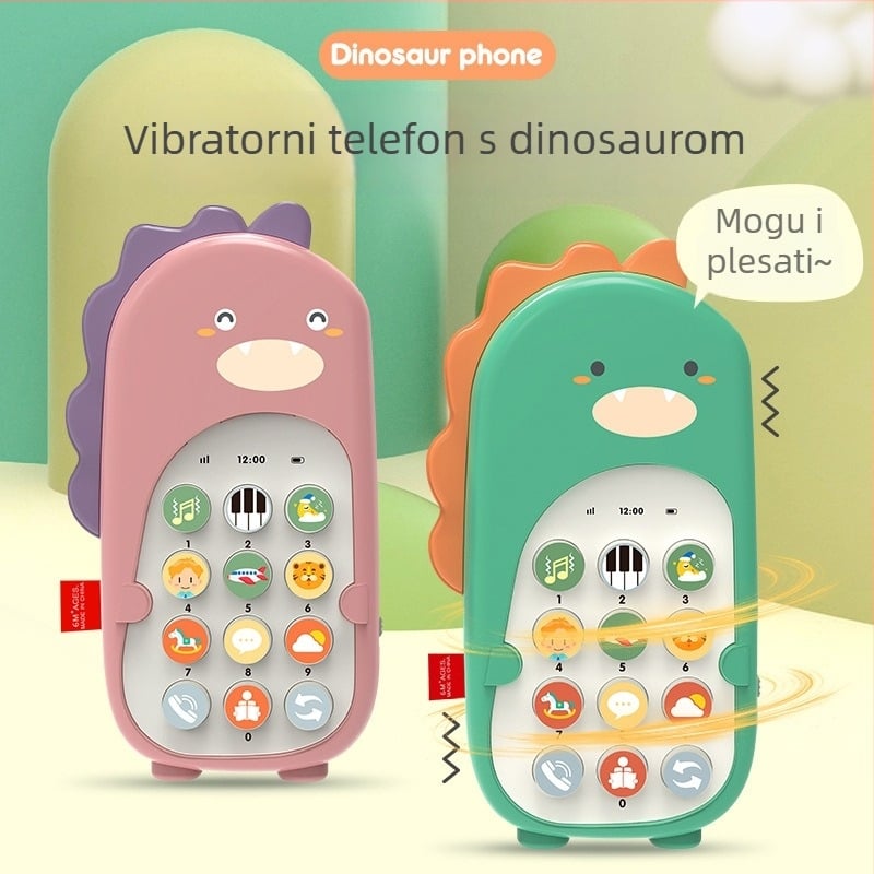 Dinozaurovog oblika bebi telefon igračka s glazbom i žvačkim dijelom, plastična konstrukcija, napajanje baterijama
