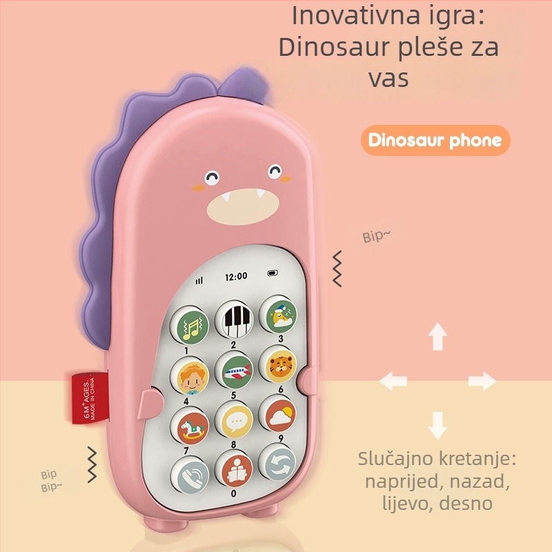 Dinozaurovog oblika bebi telefon igračka s glazbom i žvačkim dijelom, plastična konstrukcija, napajanje baterijama