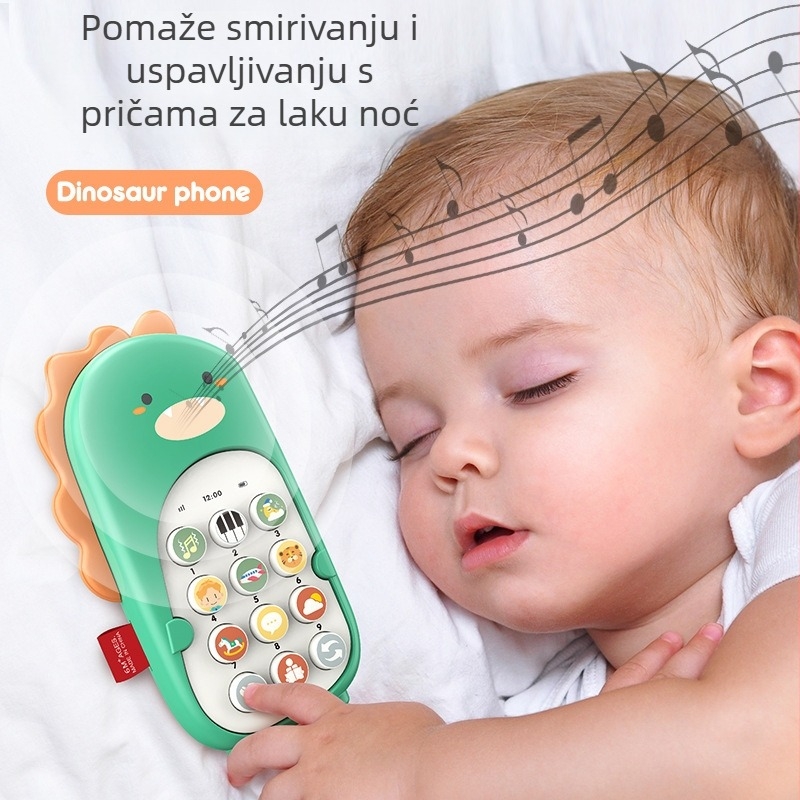 Dinozaurovog oblika bebi telefon igračka s glazbom i žvačkim dijelom, plastična konstrukcija, napajanje baterijama