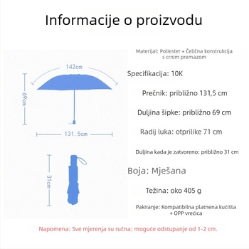 Trostruki invertirani kišobran s otpornošću na vjetar, poliestersko platno, čelične rebra, legirani štap, vlaknasta ručka, 10 rebara, ručno otvaranje, prilagodba dostupna, za odrasle, UPF <40