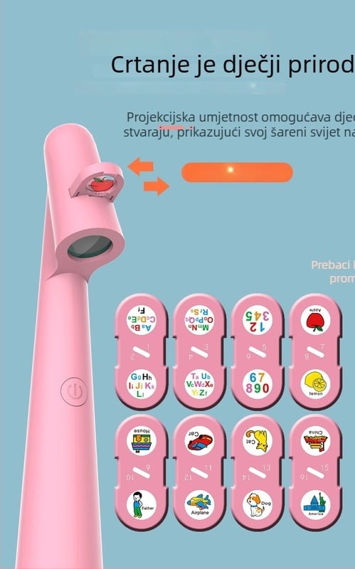 Dječji projektor s LCD zaslonom, zvukom i svjetlosnom projekcijom, ABS kućište, punjiva litijska baterija, za djecu 4–6 godina