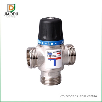 Termostatski miješač vode, model JD-NPHSF, radni tlak 1.6 MPa, temperatura vruće vode 95°C, protok izlaza 1.6–2.5 L/min, promjer 20–25 mm
