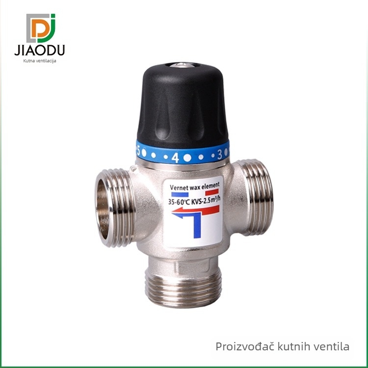 Termostatski miješač vode, model JD-NPHSF, radni tlak 1.6 MPa, temperatura vruće vode 95°C, protok izlaza 1.6–2.5 L/min, promjer 20–25 mm