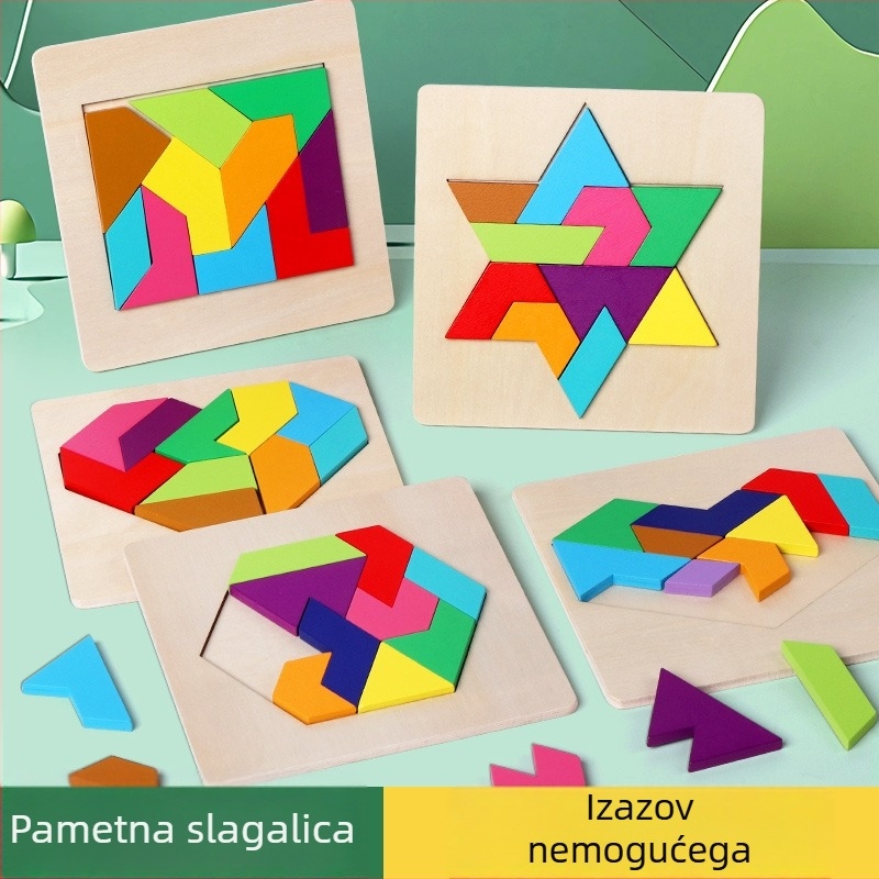 Drveni Montessori geometrijski oblik slagalice blokovi za djecu 4–6 godina, plošna slagalica uz mogućnost prilagođavanja nacrtima