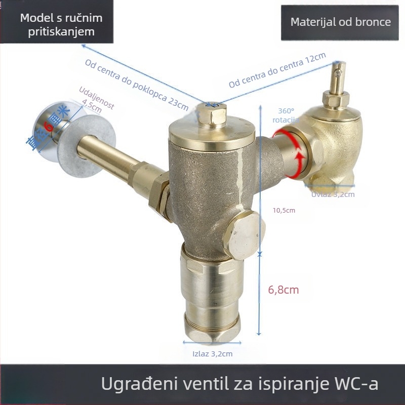 Bakrena skriti zidni ispiranje ventil za zahod za squat WC — ručno upravljanje, 3–6 s ispiranje, model Prison, moderan minimalistički stil